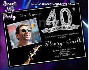 40th Birthday Party Invitation with photo,Silver Diamond 40th Birthday Invitation, (15ab)